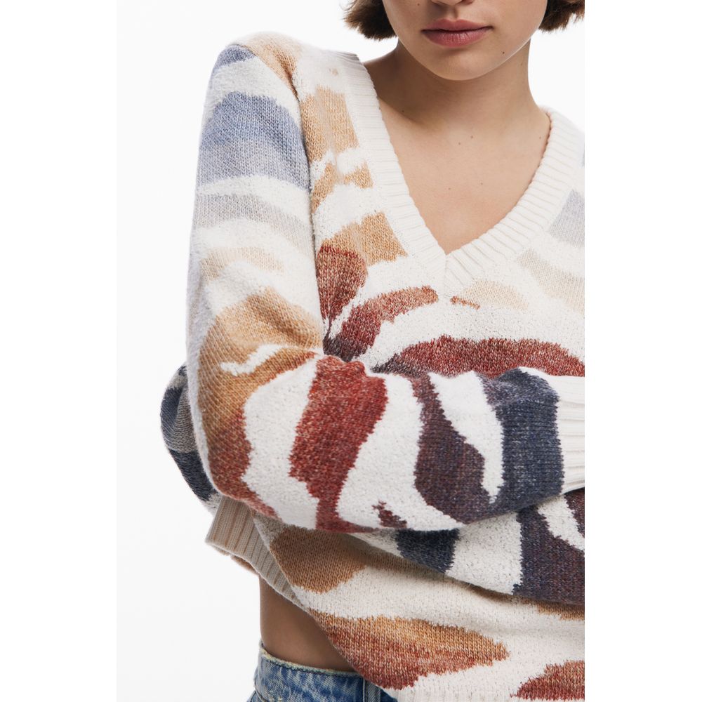 Desigual White Polyamide Women Sweater with bold patterns, long sleeves, and plush Marabou material, showcasing vibrant style.