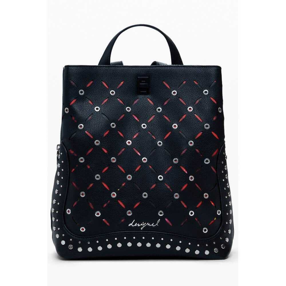 Desigual Black Polyethylene Women Backpack with studded finish, adjustable straps, and external pocket for style and practicality.