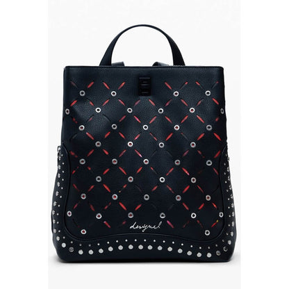 Desigual Black Polyethylene Women Backpack with studded finish, adjustable straps, and external pocket for style and practicality.