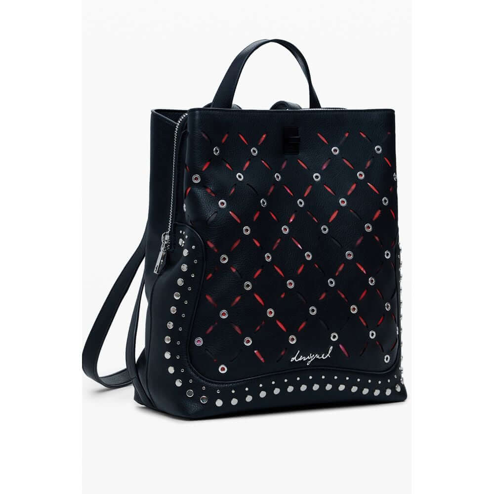 Desigual Black Polyethylene Women Backpack with studded design and adjustable straps
