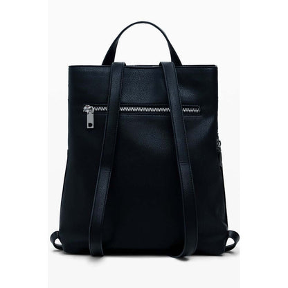 Desigual Black Polyethylene Women Backpack with studded finish and adjustable straps, featuring an external pocket for convenience.