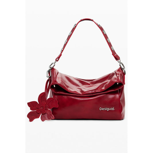 Desigual Red Polyethylene Women Handbag with flower charm and shoulder strap.