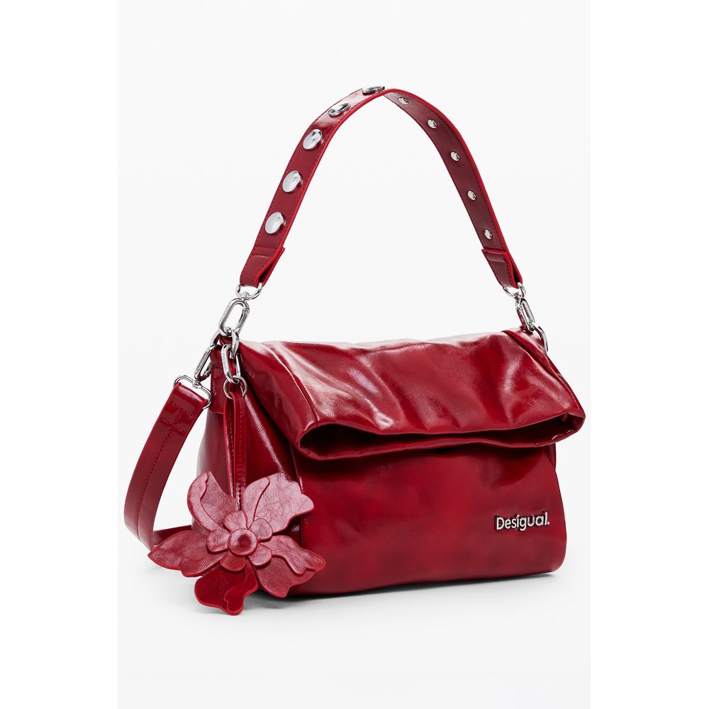 Desigual Red Polyethylene Women Handbag with adjustable strap and floral charm, featuring zip and magnet closure.