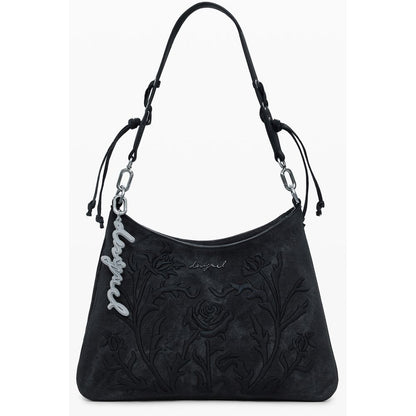 Desigual Black Polyethylene Women Handbag with floral embroidery and adjustable strap.