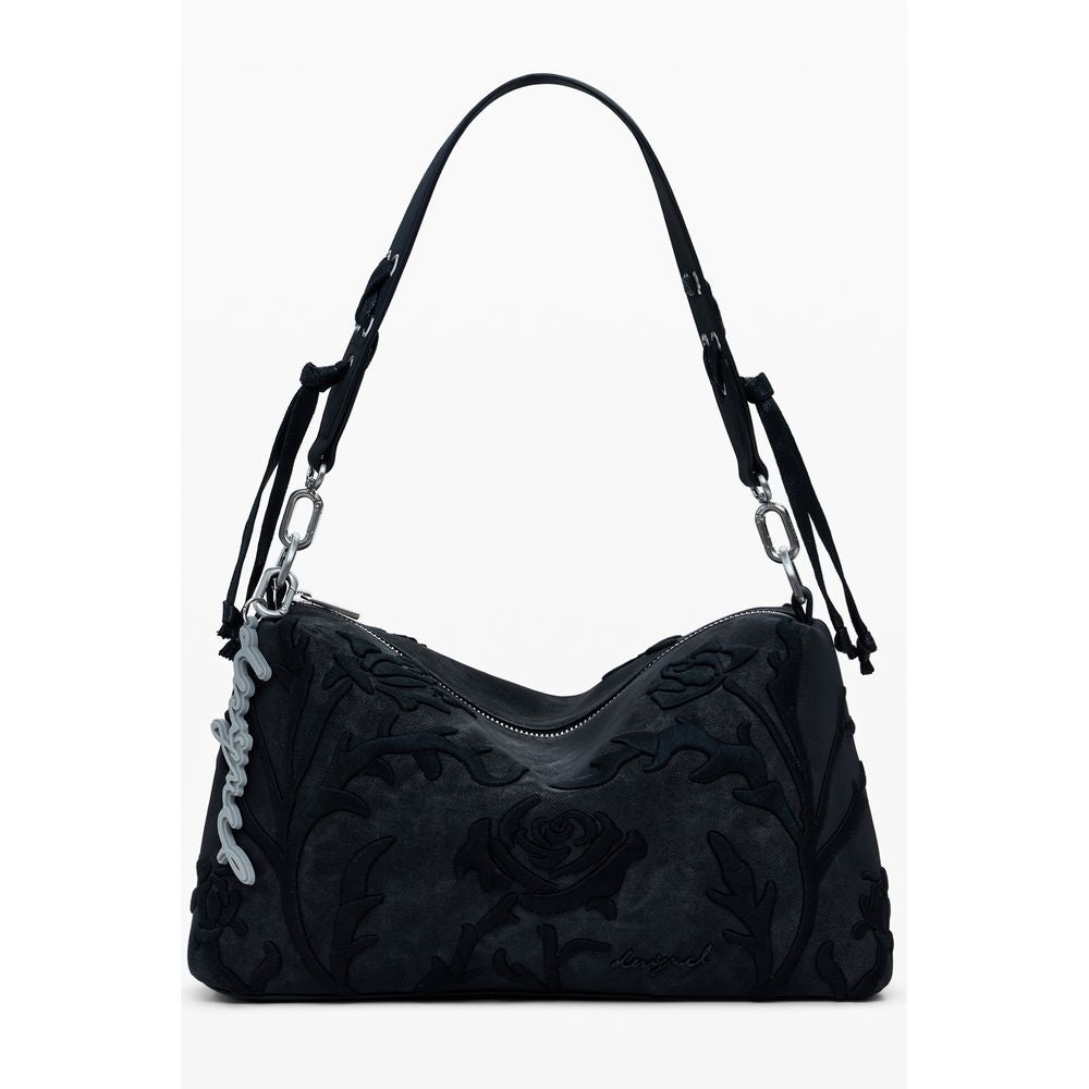 Desigual Black Polyethylene Women Handbag with floral embroidery and adjustable strap, stylish and functional fashion accessory.