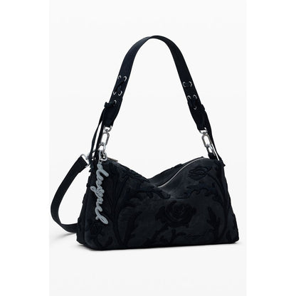 Desigual Black Polyethylene Women Handbag with floral embroidery and adjustable strap, featuring secure zip closure and internal pocket.
