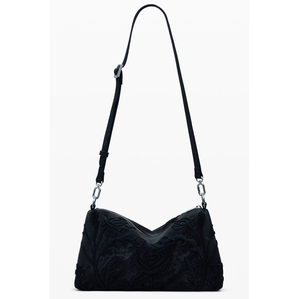 Desigual Black Polyethylene Women Handbag with floral embroidery and adjustable strap.