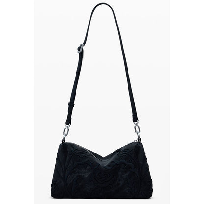 Desigual Black Polyethylene Women Handbag with floral embroidery and adjustable strap.