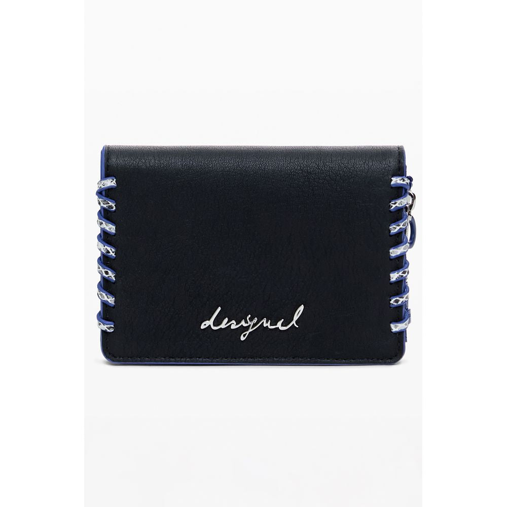 Desigual "Black Polyethylene Women Wallet" with embroidery, compact design, and zip closure, perfect for style and organization.