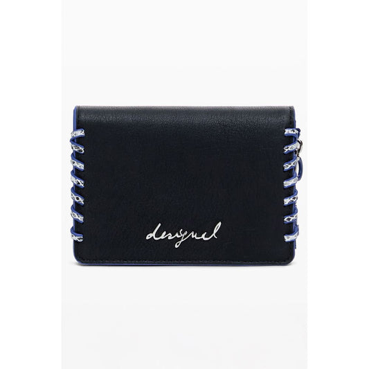Front view of Desigual "Black Polyethylene Women Wallet" with embroidery and lace details in a compact chic design.