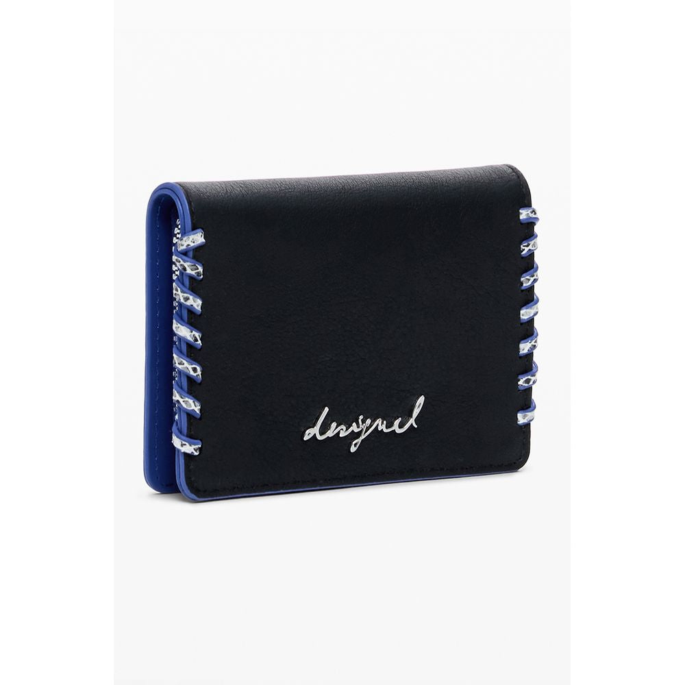 Desigual "Black Polyethylene Women Wallet" with embroidery and contrasting details, showcasing chic style and compact design.