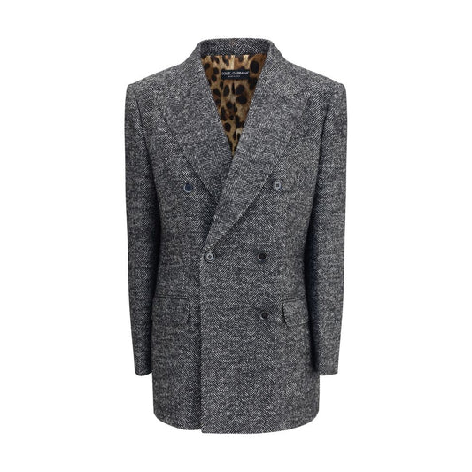 Dolce & Gabbana Gray Fleece Wool Blazer, double-breasted chevron design with peaked lapels, ideal for formal looks.