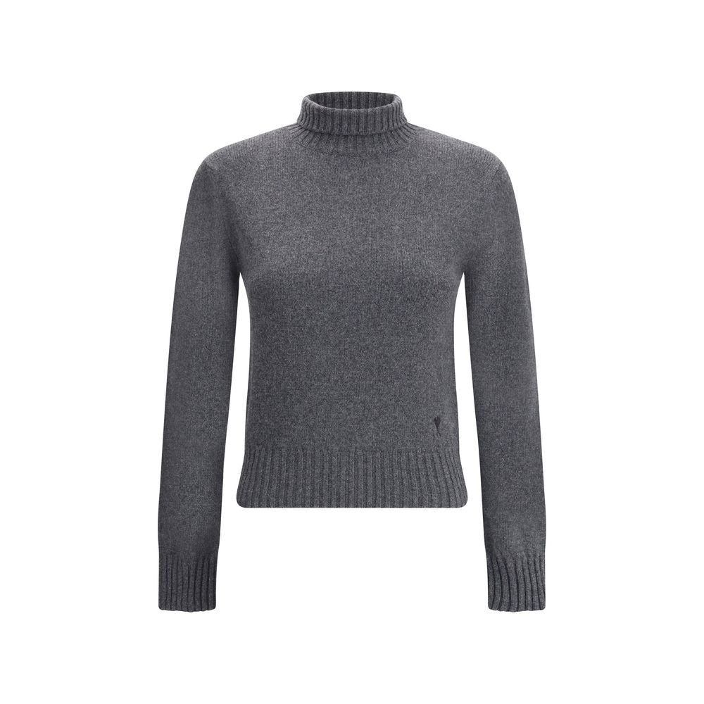 Ami Paris Gray Cashmere Turtleneck with ribbed trim and Ami De Coeur logo, ideal for winter elegance, made of 97% cashmere.