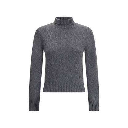 Ami Paris Gray Cashmere Turtleneck with ribbed trim and Ami De Coeur logo, ideal for winter elegance, made of 97% cashmere.