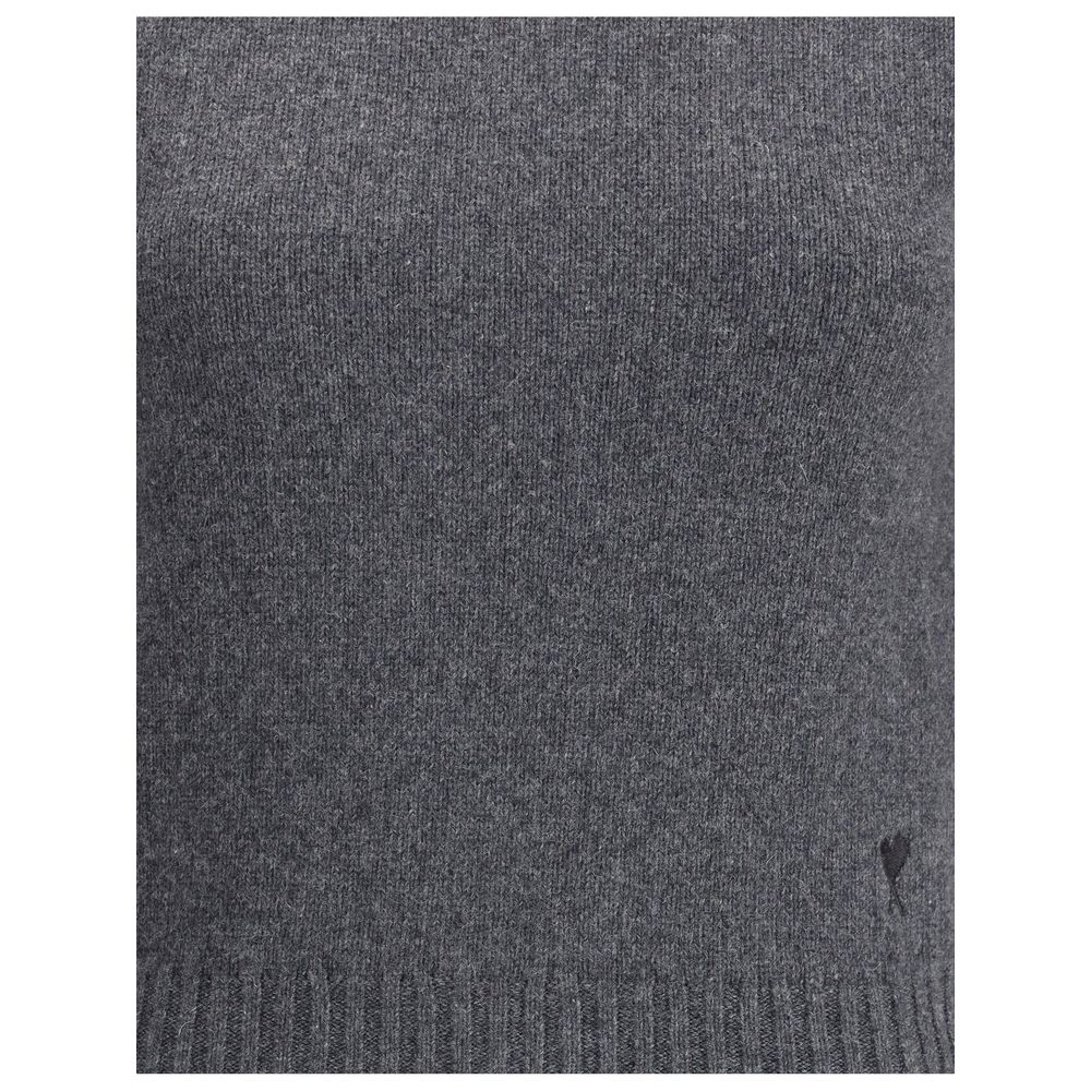 Ami Paris Gray Cashmere Turtleneck with ribbed trim, featuring Ami De Coeur logo for a stylish winter wardrobe essential.