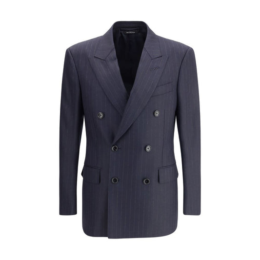 Tom Ford Blue Wool Blazer, double-breasted pinstripe with peaked lapels, regular fit, 100% wool, AW25 collection.
