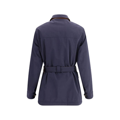 Back view of Brunello Cucinelli Blue Polyester Coat with structured collar and adjustable waist belt for style and function.