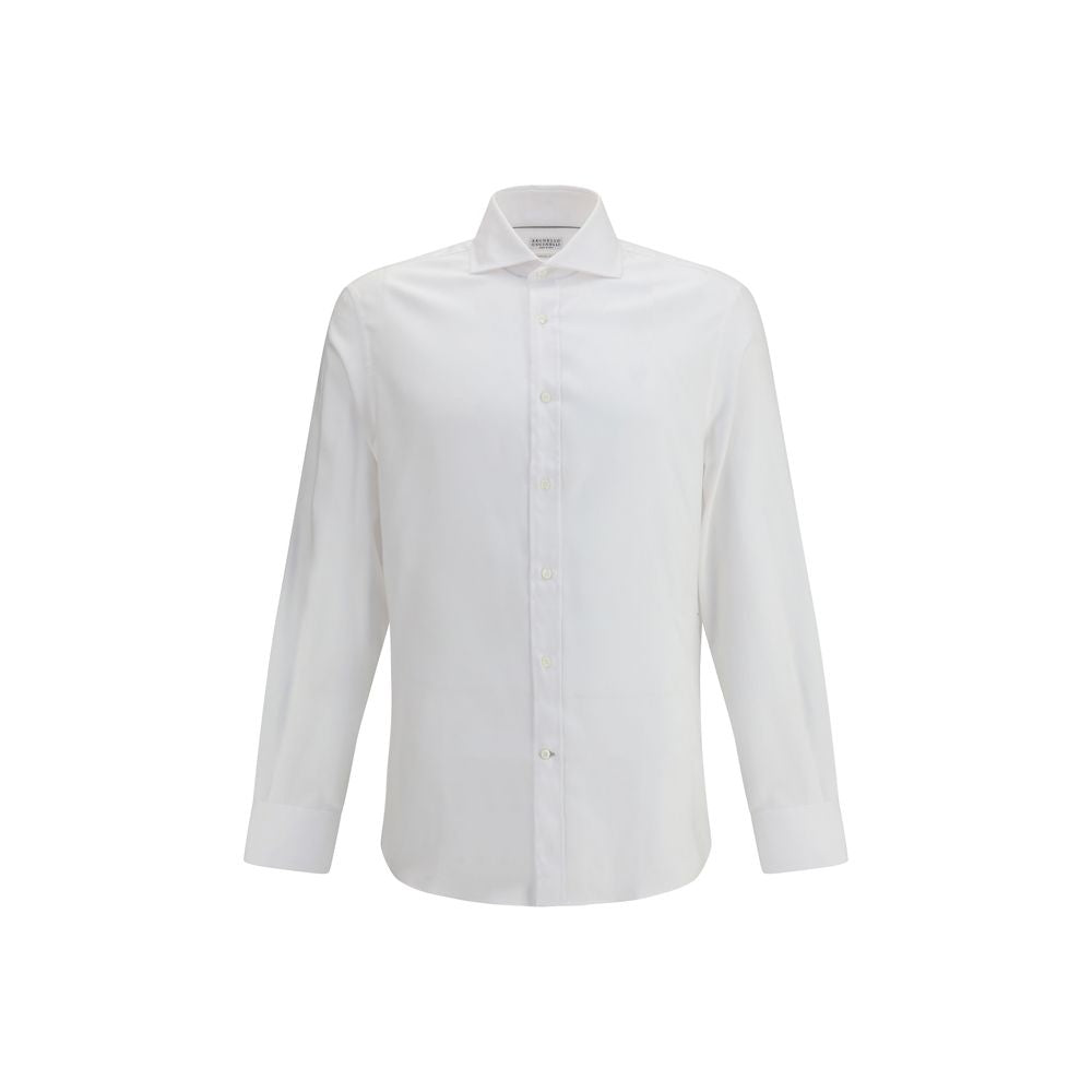Brunello Cucinelli White Cotton Dress Shirt with classic collar and button closure, featuring a refined monochrome pattern.