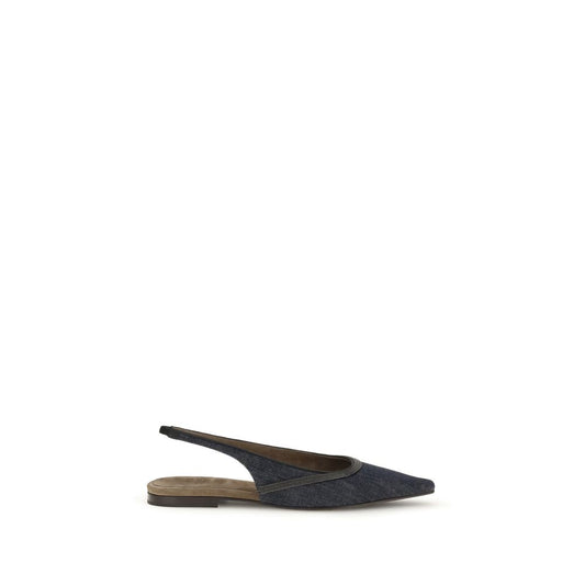 Brunello Cucinelli Blue Cotton Ballet Flats with elastic slingback, suede lining, leather sole, and nickel-free jewel decoration.