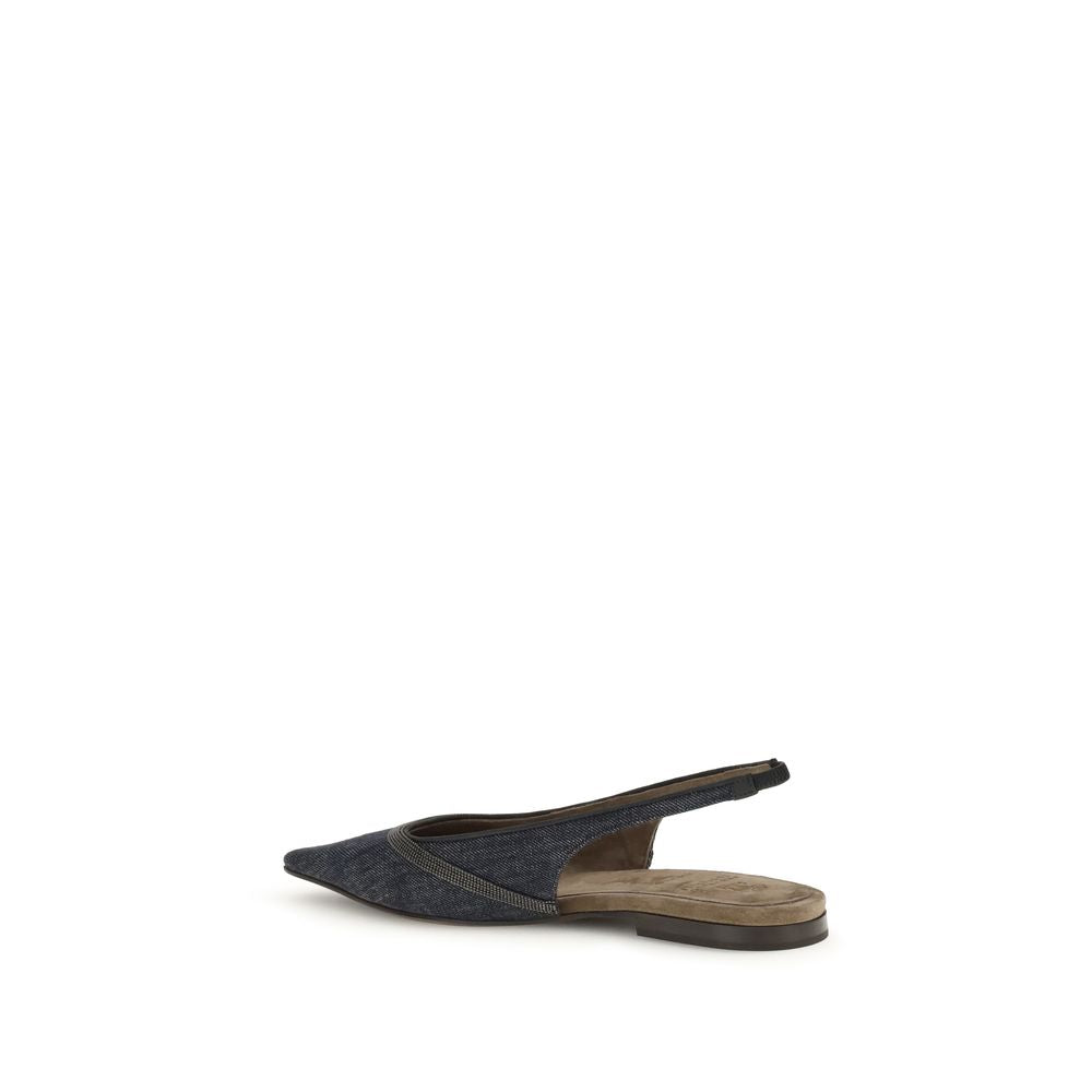 Side view of Brunello Cucinelli Blue Cotton Ballet Flats with suede lining and leather sole.