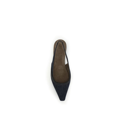 Top view of Brunello Cucinelli Blue Cotton Ballet Flats with suede lining and jewel decoration.