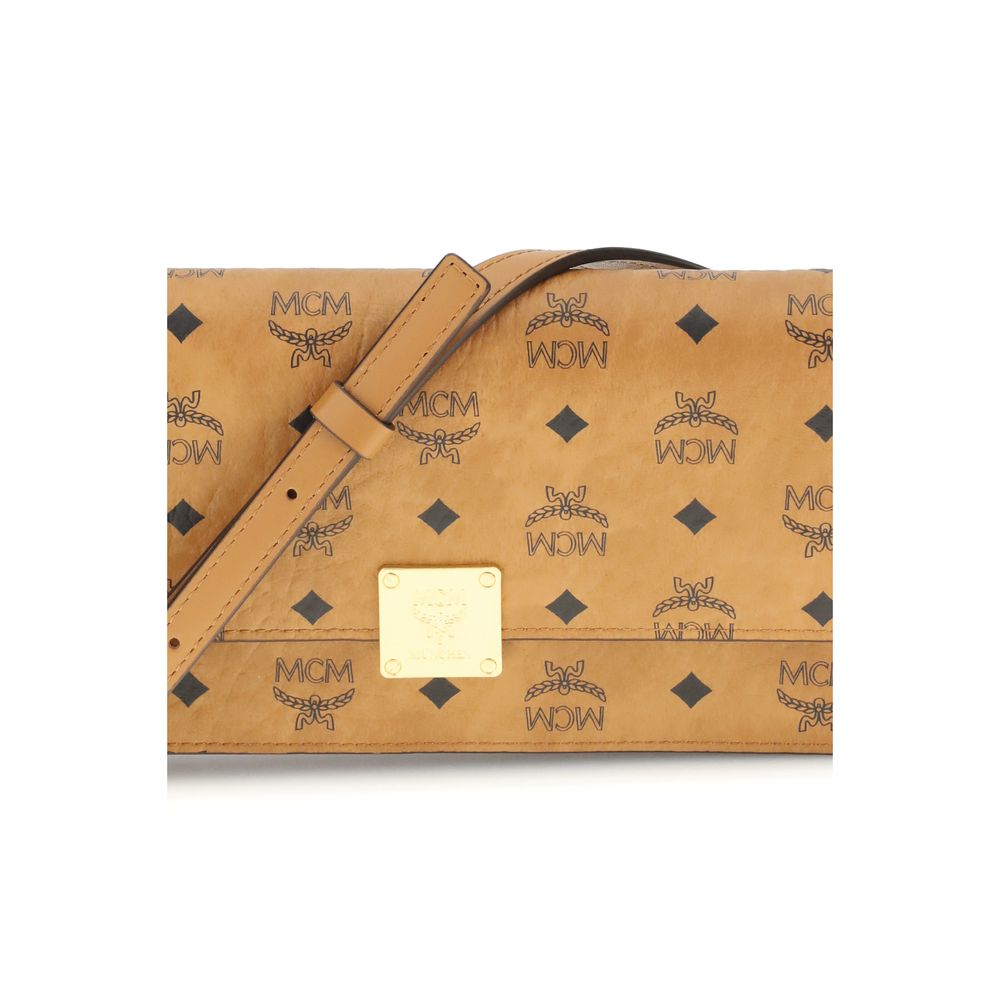 MCM Beige Fabric Wallet with Visetos pattern, leather strap, and metallic logo. Ideal for stylish organization with multiple pockets.