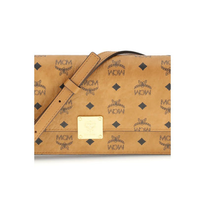 MCM Beige Fabric Wallet with Visetos pattern, leather strap, and metallic logo. Ideal for stylish organization with multiple pockets.