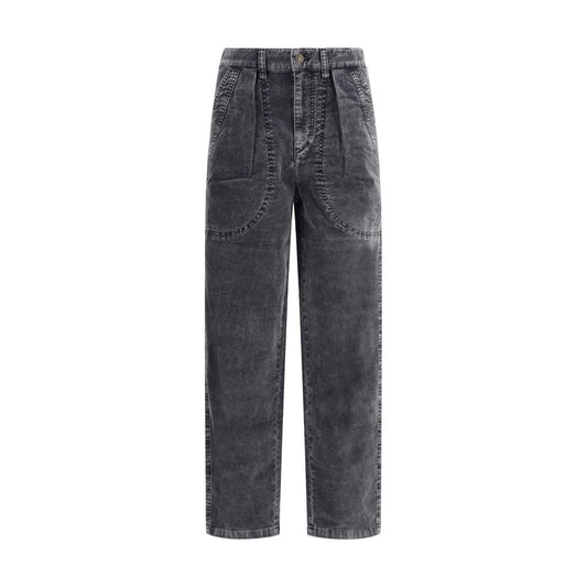 Marant Etoile Black Cotton Casual Pants with ribbed velvet, pleats, and side pockets.