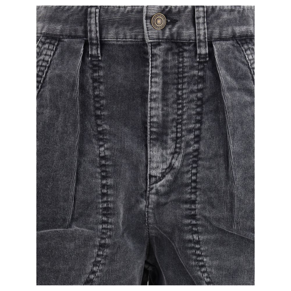 Marant Etoile Black Cotton Casual Pants with ribbed velvet, pleats, waistband, button closure, side and back pockets.