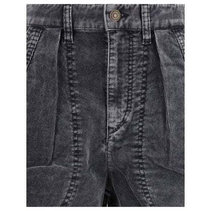 Marant Etoile Black Cotton Casual Pants with ribbed velvet, pleats, waistband, button closure, side and back pockets.