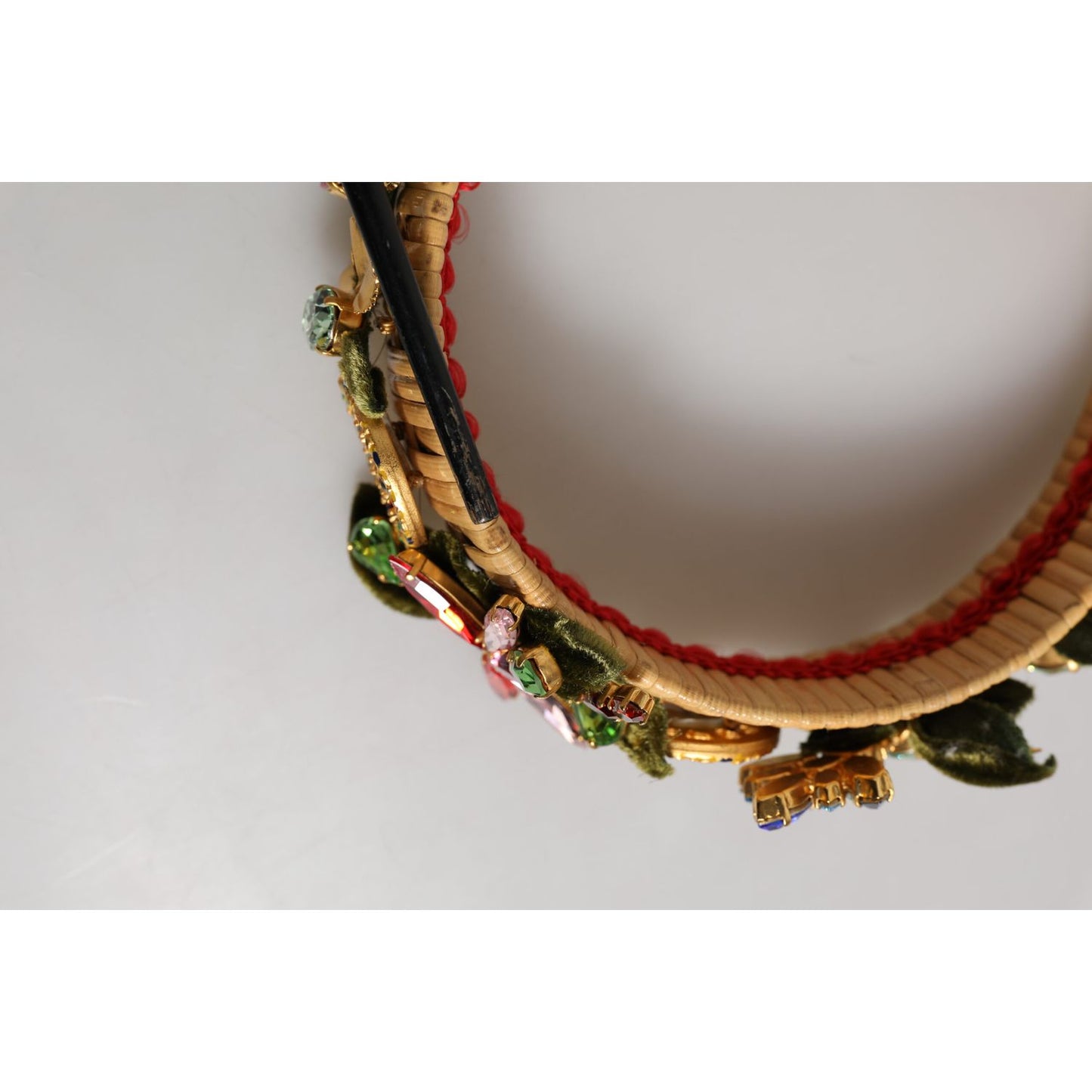 Dolce & Gabbana Multicolor Crystal Floral Gold Green Velvet Crown Headband