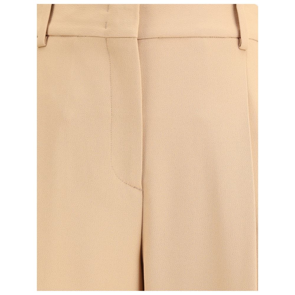 Ermanno Scervino Beige Viscose Casual Pants with wide legs, front darts, zipper, and side welt pockets for a stylish look.