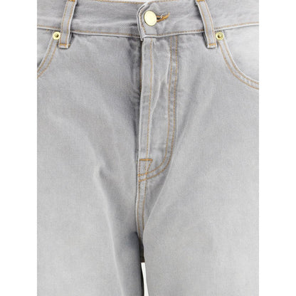 Close-up of Darkpark Gray Cotton Relaxed Fit Jeans with zip-and-button closure, showcasing denim texture.