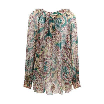 Etro Multicolor Silk Pattern Shirt with paisley print, deep V-neck, ruffles, wide sleeves, asymmetric hem, and pleated back.