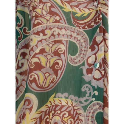 Close-up of Etro Multicolor Silk Pattern Shirt showcasing intricate paisley print in vibrant earth tones.