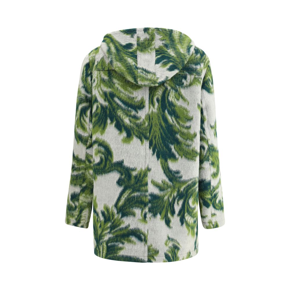 Etro Green Wool Coat with patterned design, hood, and toggle closure, made from carded wool for warmth and style.
