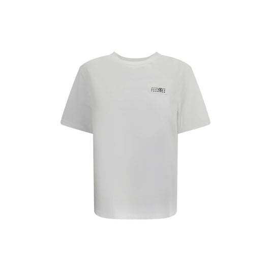 MM6 White Cotton T-Shirt with ribbed crew neck and front logo detail, made from 100% cotton, regular fit, season AW25, contemporary style.
