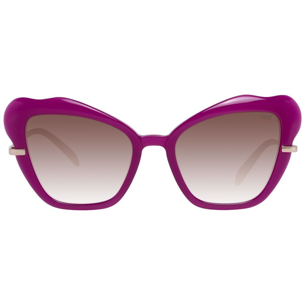 Emilio Pucci Purple Plastic Sunglasses with butterfly style and gradient brown lenses, full-rim frame, UVA & UVB protection.