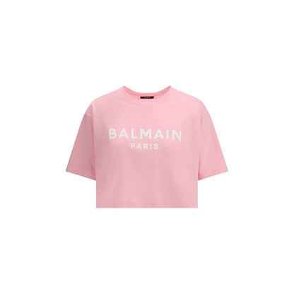 Balmain Multicolor Cotton T-Shirt with monogram, ribbed crew neck, and cropped fit in soft monochrome pattern.