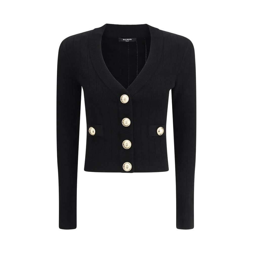 Balmain Black Viscose Cardigan with embossed button closure, v-neck, and slim fit cropped design, for AW25 fashion season.