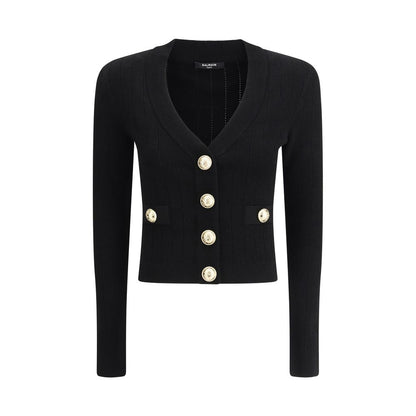 Balmain Black Viscose Cardigan with embossed button closure, v-neck, and slim fit cropped design, for AW25 fashion season.