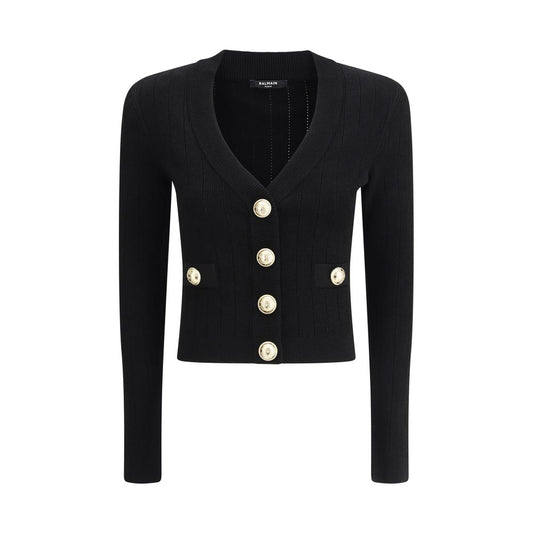 Balmain Black Viscose Cardigan with cropped design, v-neck, embossed buttons, slim fit, monochrome pattern, 83% viscose, 17% polyester.