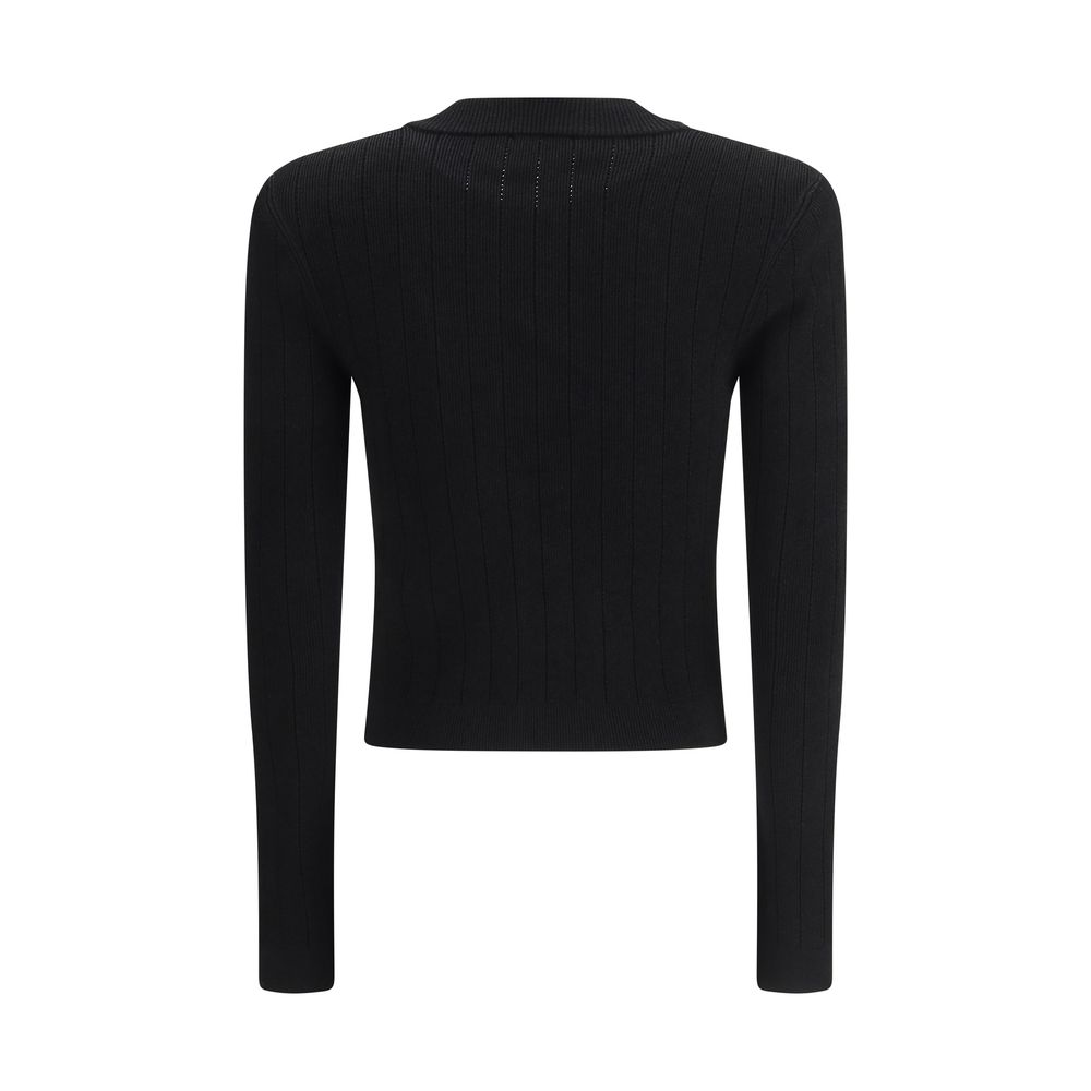 Back view of Balmain Black Viscose Cardigan with monochrome pattern and embossed buttons, featuring a slim cropped design for AW25 season.