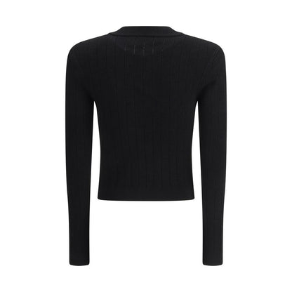 Back view of Balmain Black Viscose Cardigan with monochrome pattern and embossed buttons, featuring a slim cropped design for AW25 season.