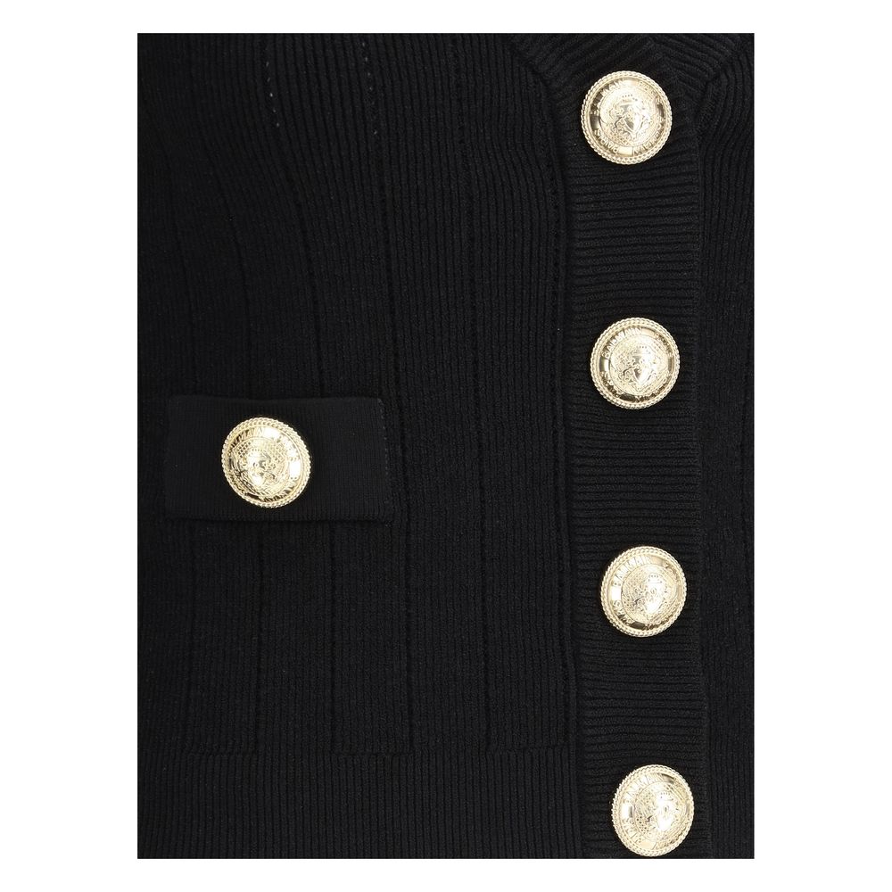 Close-up of Balmain Black Viscose Cardigan featuring embossed button details and monochrome pattern, AW25 season, slim fit.