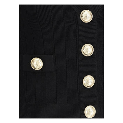 Close-up of Balmain Black Viscose Cardigan featuring embossed button details and monochrome pattern, AW25 season, slim fit.