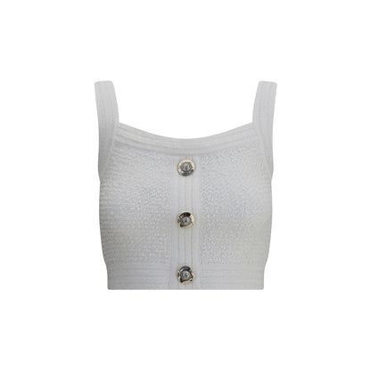 Balmain White Polyamide Top featuring a square neckline, thick straps, and front closure with embossed buttons in classic tweed style.