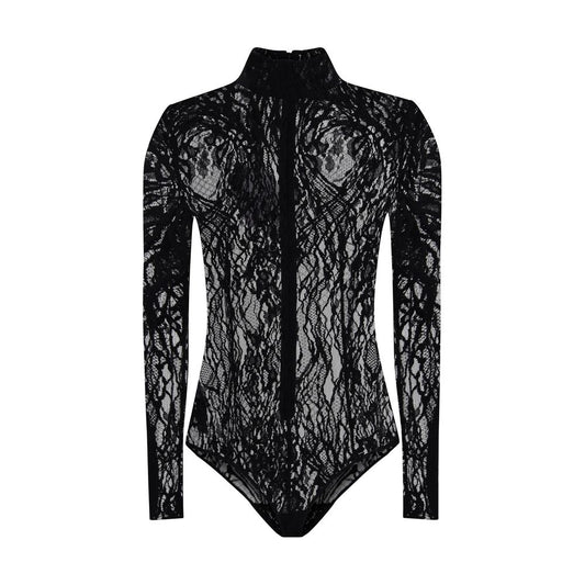 Balmain Black Cotton Top featuring sheer lace bodysuit design with high neck, back zip fastening, and buttoned briefs for AW25 season.