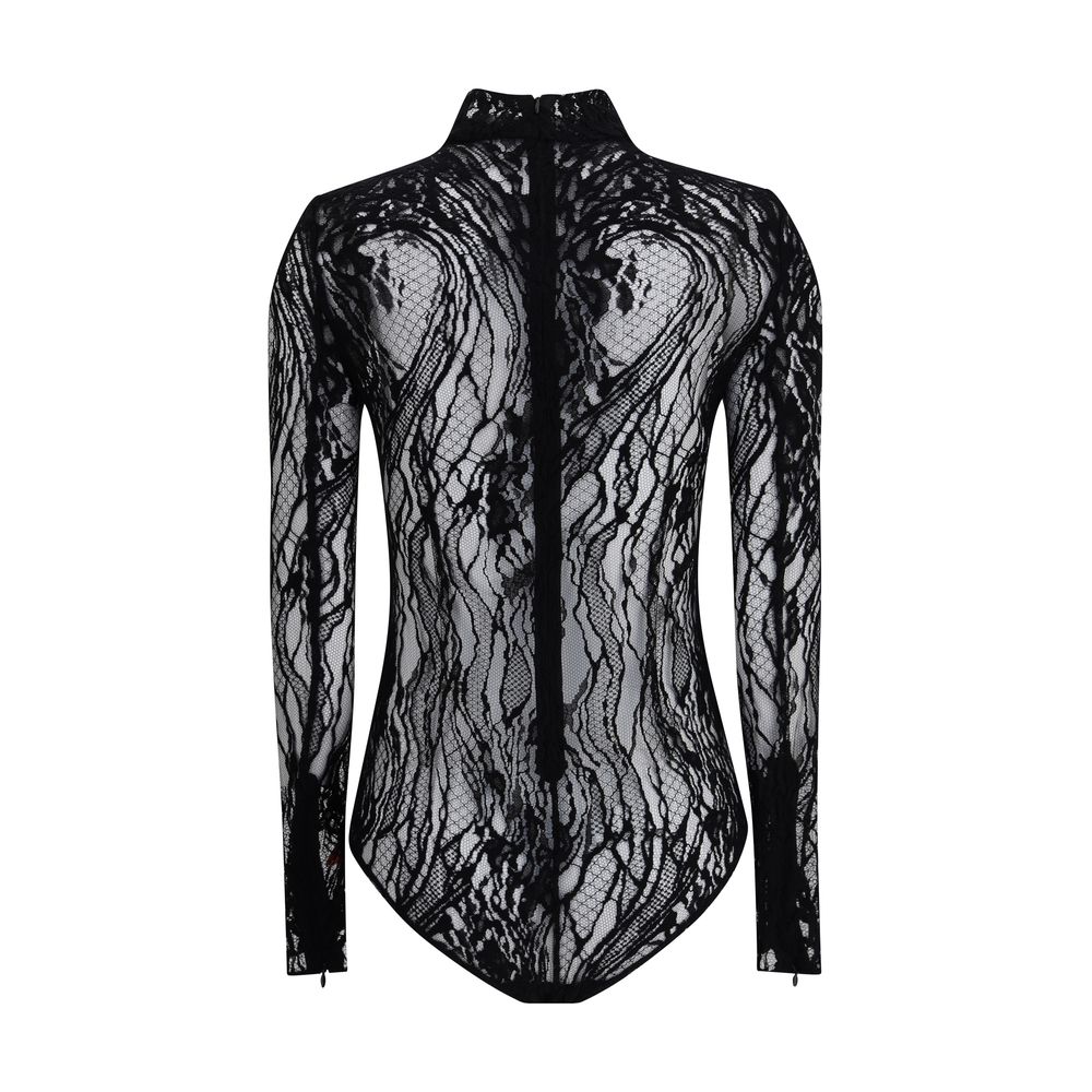 Back view of Balmain Black Cotton Top lace bodysuit with sheer design and zip fastening for a sophisticated feminine look.