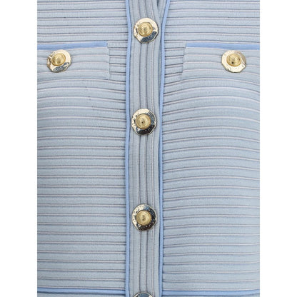Balmain Light Blue Viscose Cardigan with gold buttons and trompe-l’œil pockets for elegant style